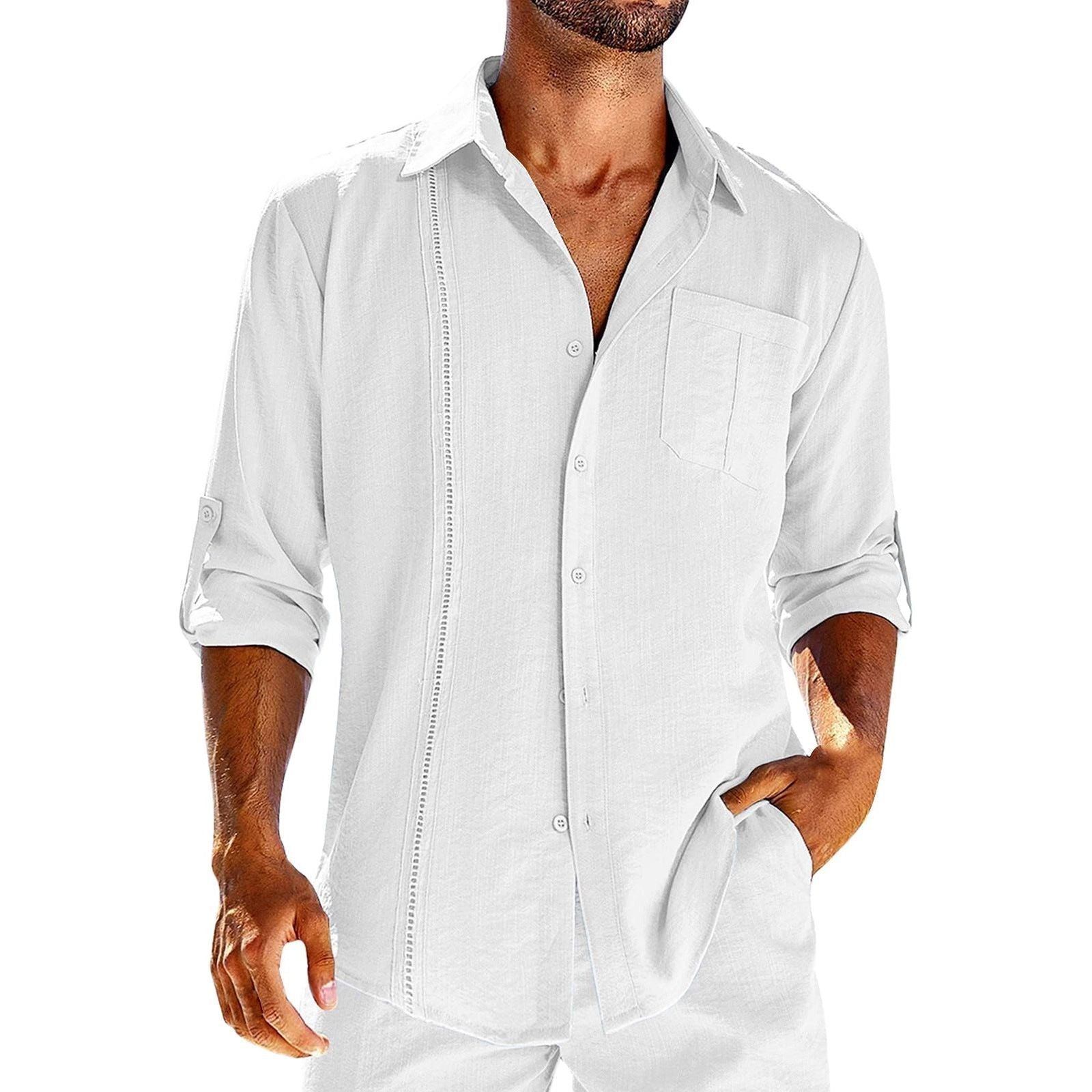 Casual Lace Polo Collar Solid Color Long Sleeve Button Men's Shirt - Jointcorp