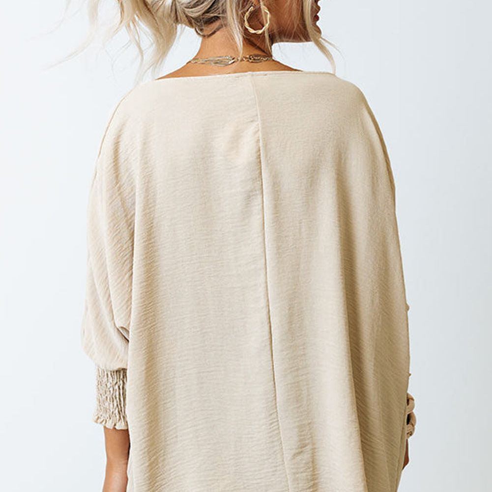 White Plain & Casual Shirred Cuffs Half Sleeve Top