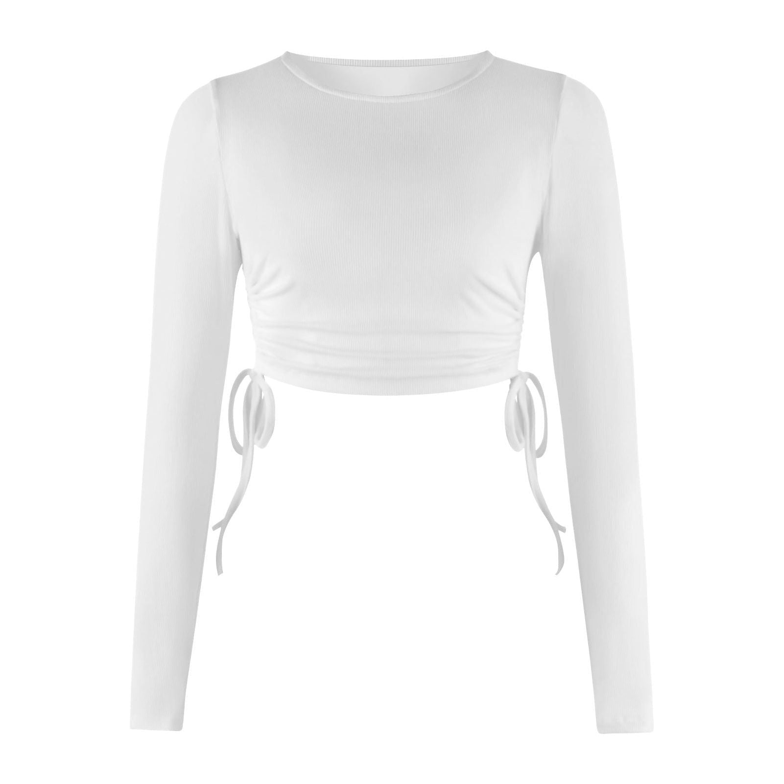 Drawstring Round Neck Long Sleeve Cropped T-shirt Thread Top