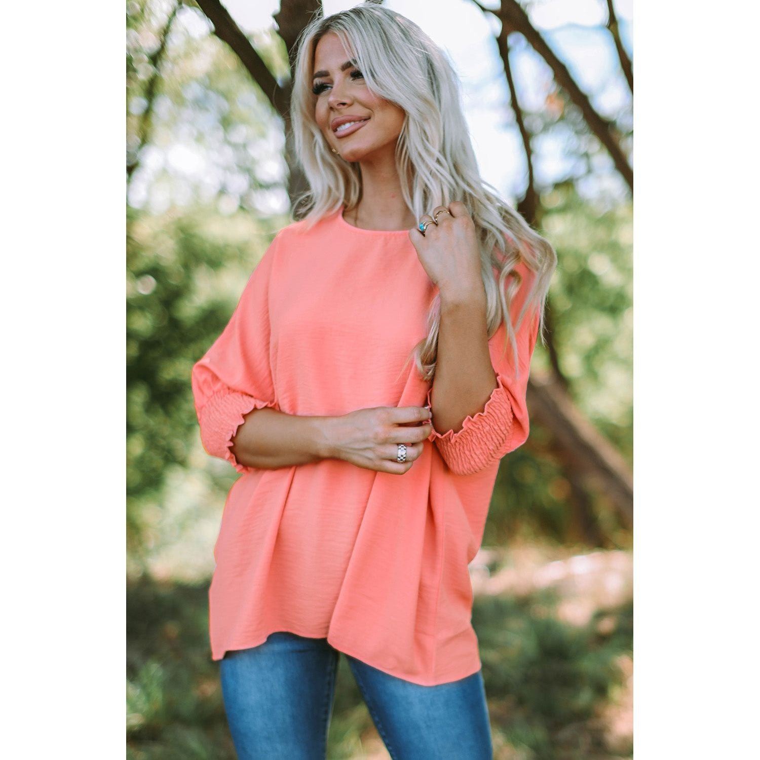 White Plain & Casual Shirred Cuffs Half Sleeve Top