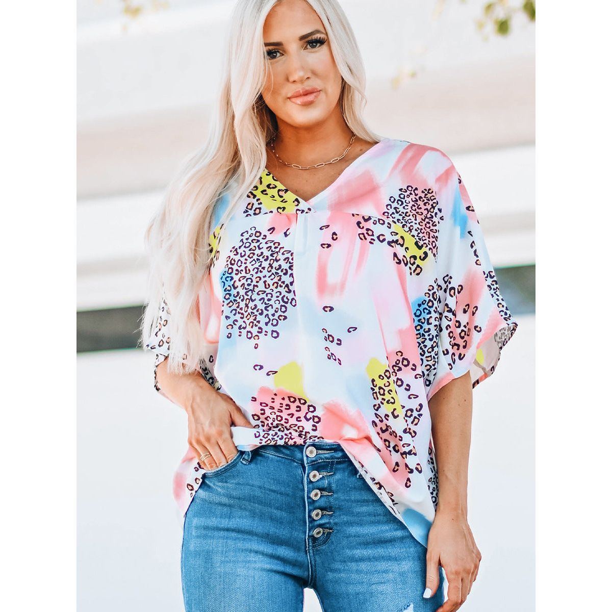 Women's Batwing Sleeve Loose V-neck Pullover Top