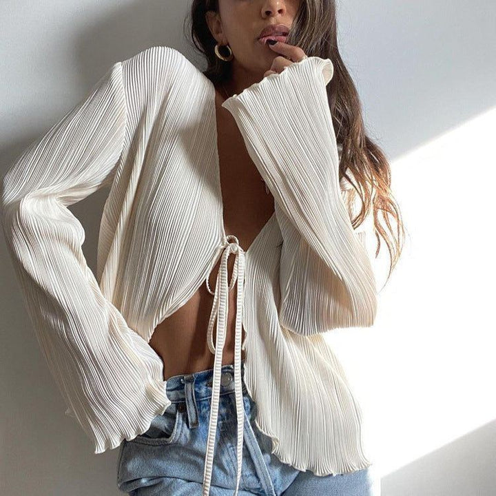 Top Slim Horn Long Sleeve Pleated Shirt Female