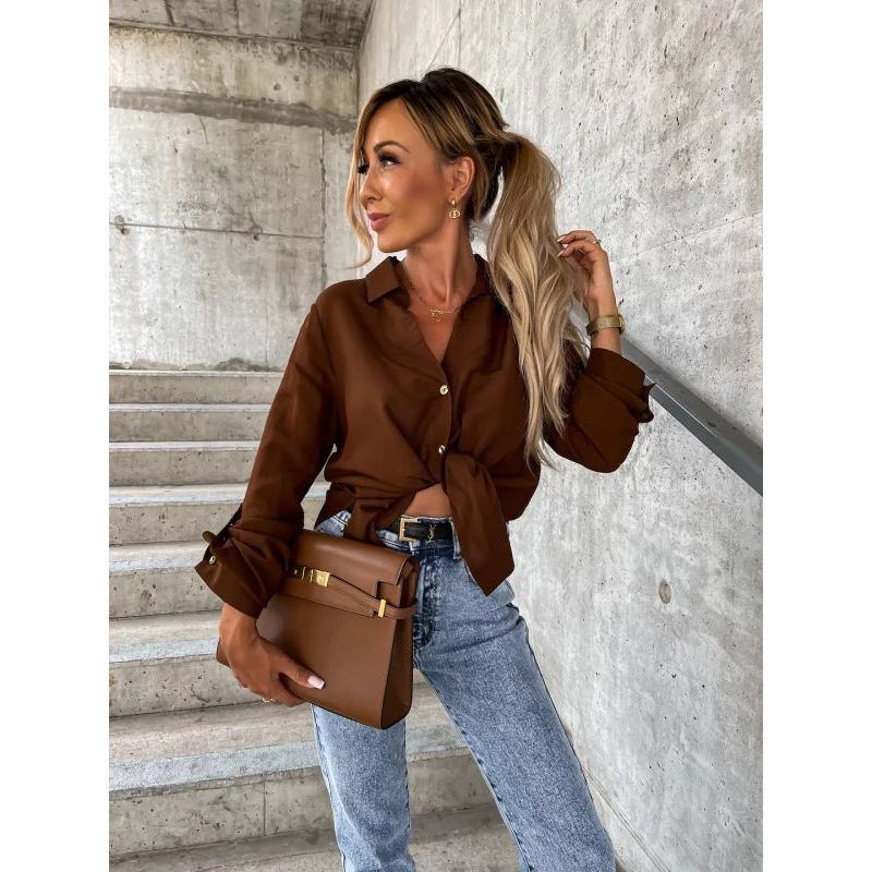 Women's Simple Solid Color Roll Sleeve V-Neck Button Lapel Shirt - Jointcorp