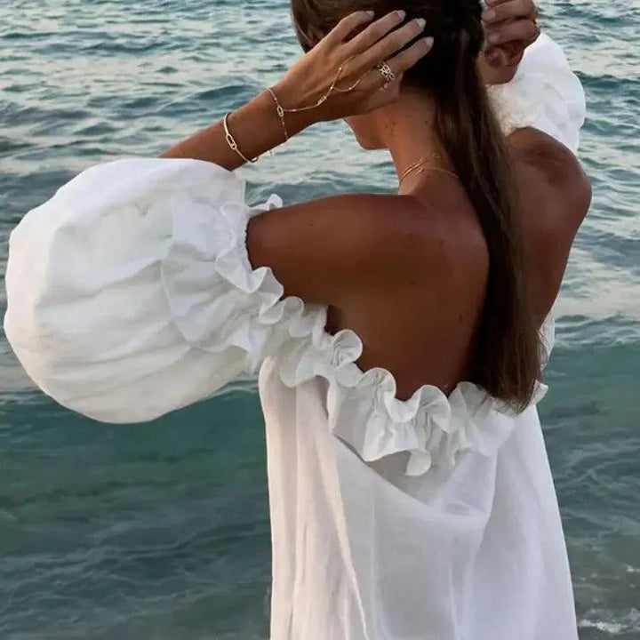 Women Sexy Off Shoulder Ruffle Dress Cotton Linen Loose Elegant Solid Maxi Dress Backless Puff Sleeve Split Summer Beach Dress