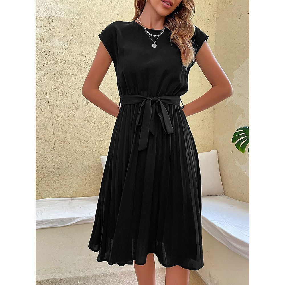 Dress for Women Summer Casual Beach Sundress Short Sleeve Pleated Midi Dress Soild Vintage dresses