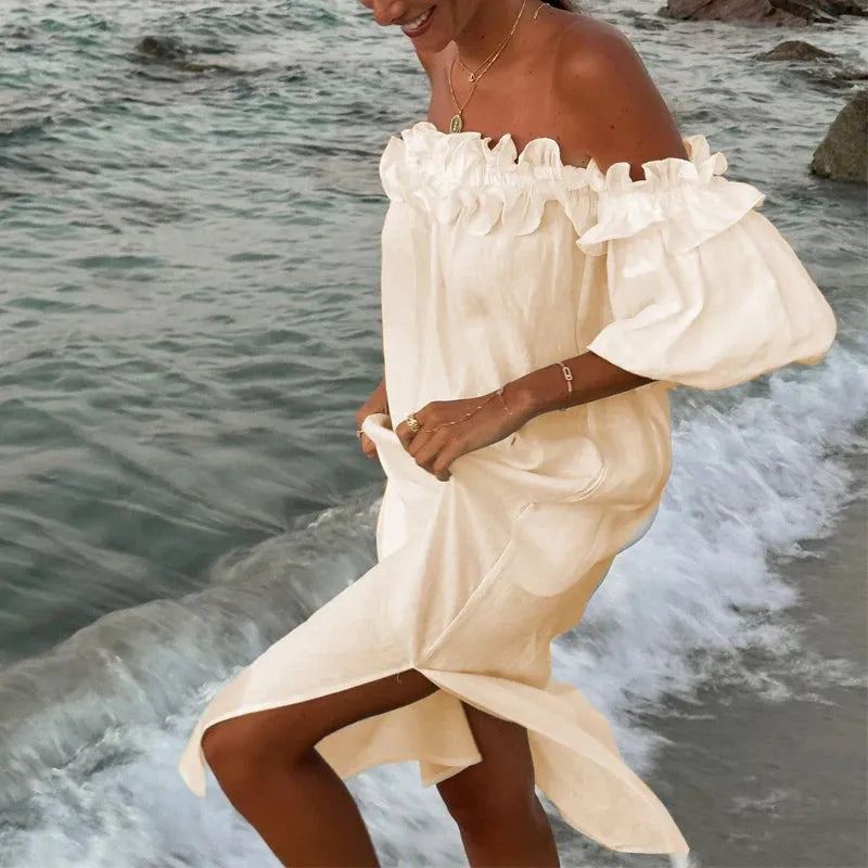 Women Sexy Off Shoulder Ruffle Dress Cotton Linen Loose Elegant Solid Maxi Dress Backless Puff Sleeve Split Summer Beach Dress