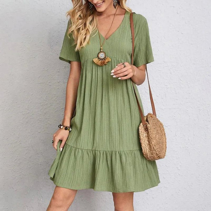 2024 Women Mini Dress Summer Casual Solid V Neck Ruffles A-line Dress Female Fashion Holiday Boho Loose Beach Elegant Dresses