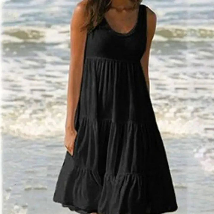 Sleeveless Ruffles Mini Dress for Women Fashion O Neck Boho Solid Beach Sundress Oversized Loose Dress 2024 Summer