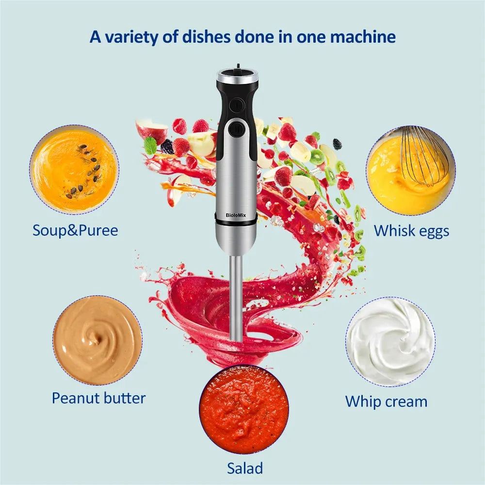 Biolomix 4 In 1 Hand Stick Blender 1200W Immersion Mixer Food Processor 6 Speed Control, 800ml Chopper, Whisk, 600ml Beaker