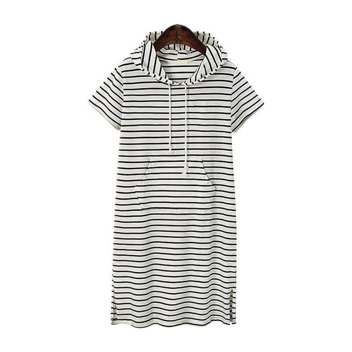 Hooded Short Sleeve Women Dress Casual Drawstring Striped Loose Split Pocket O Neck Ladies Dresses Plus Size - Jointcorp