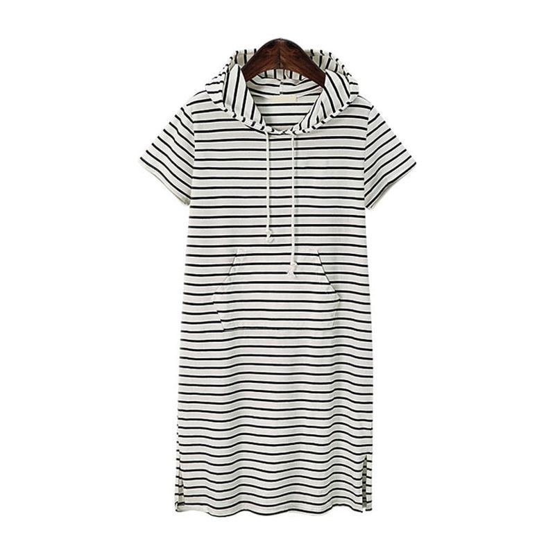 Hooded Short Sleeve Women Dress Casual Drawstring Striped Loose Split Pocket O Neck Ladies Dresses Plus Size - Jointcorp