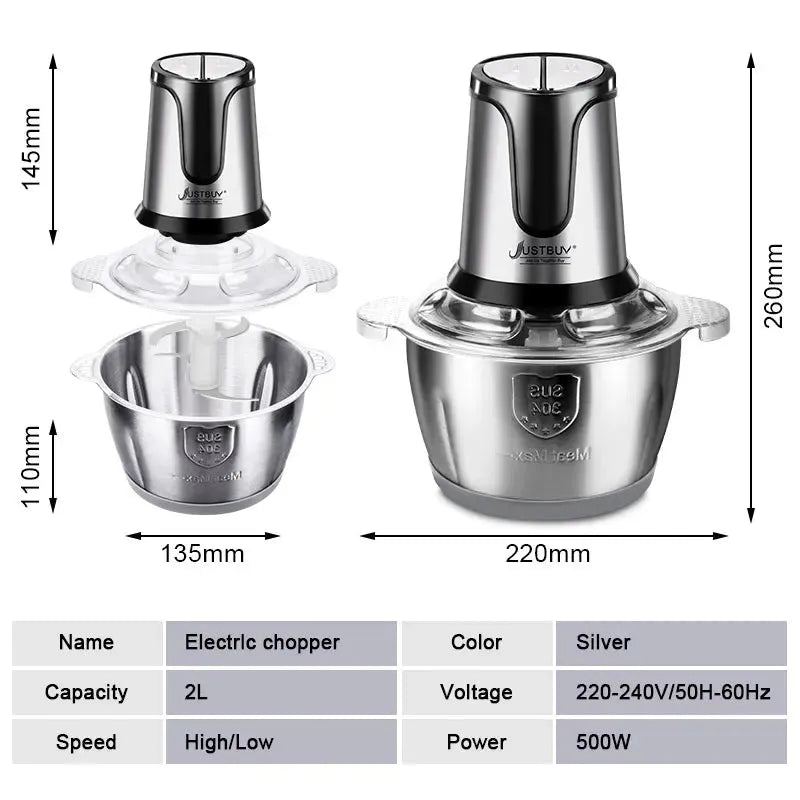 With Spare Knife 500W Stainless Electric  Chopper Meat Grinder Mincer baby Food Processor  2 Speed  2L Capacity