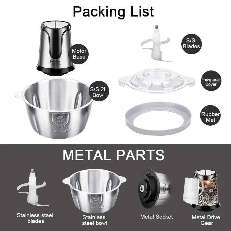 With Spare Knife 500W Stainless Electric  Chopper Meat Grinder Mincer baby Food Processor  2 Speed  2L Capacity