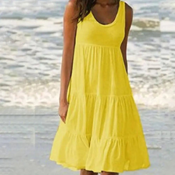 Sleeveless Ruffles Mini Dress for Women Fashion O Neck Boho Solid Beach Sundress Oversized Loose Dress 2024 Summer