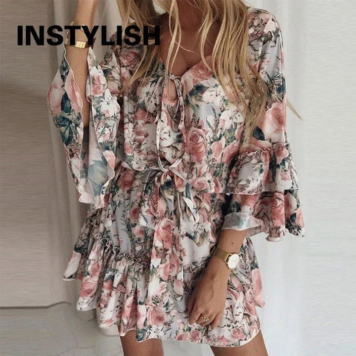 Elegant Floral Print A Line Dress Summer Bohemian V Neck Ruffles Chiffon Dress Women Casual Beach Party Mini Sundress Oversized