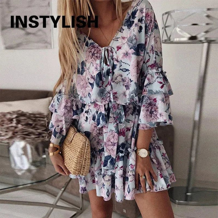 Elegant Floral Print A Line Dress Summer Bohemian V Neck Ruffles Chiffon Dress Women Casual Beach Party Mini Sundress Oversized
