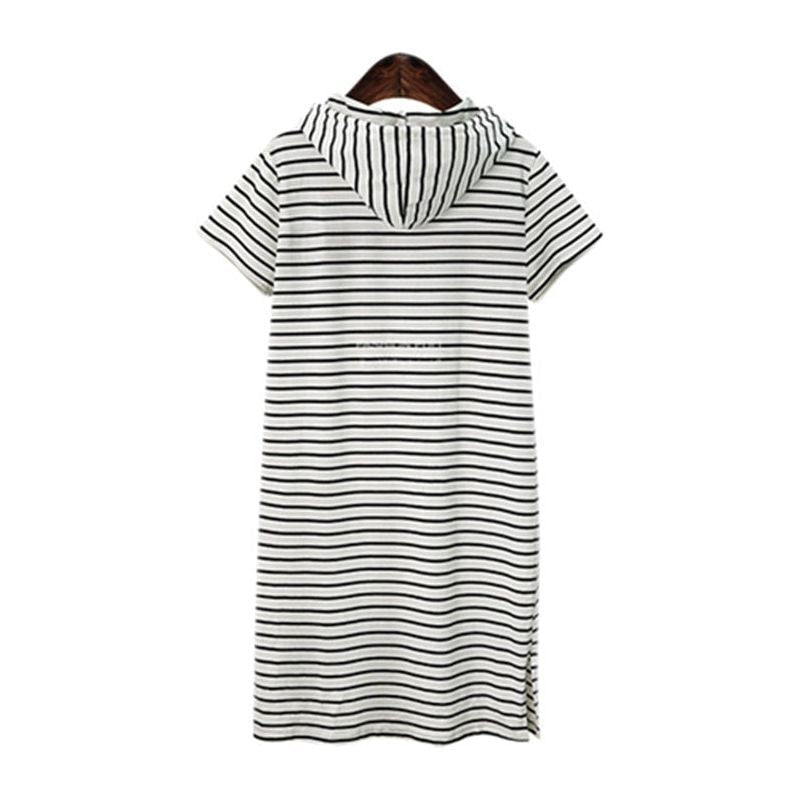 Hooded Short Sleeve Women Dress Casual Drawstring Striped Loose Split Pocket O Neck Ladies Dresses Plus Size - Jointcorp