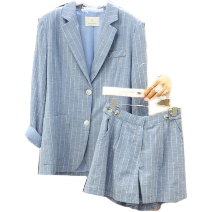 Plus size Korean Striped Thin Cotton Linen Suits Jackets Women Clothing Shorts+Blazer Two-piece Sets Female - Jointcorp