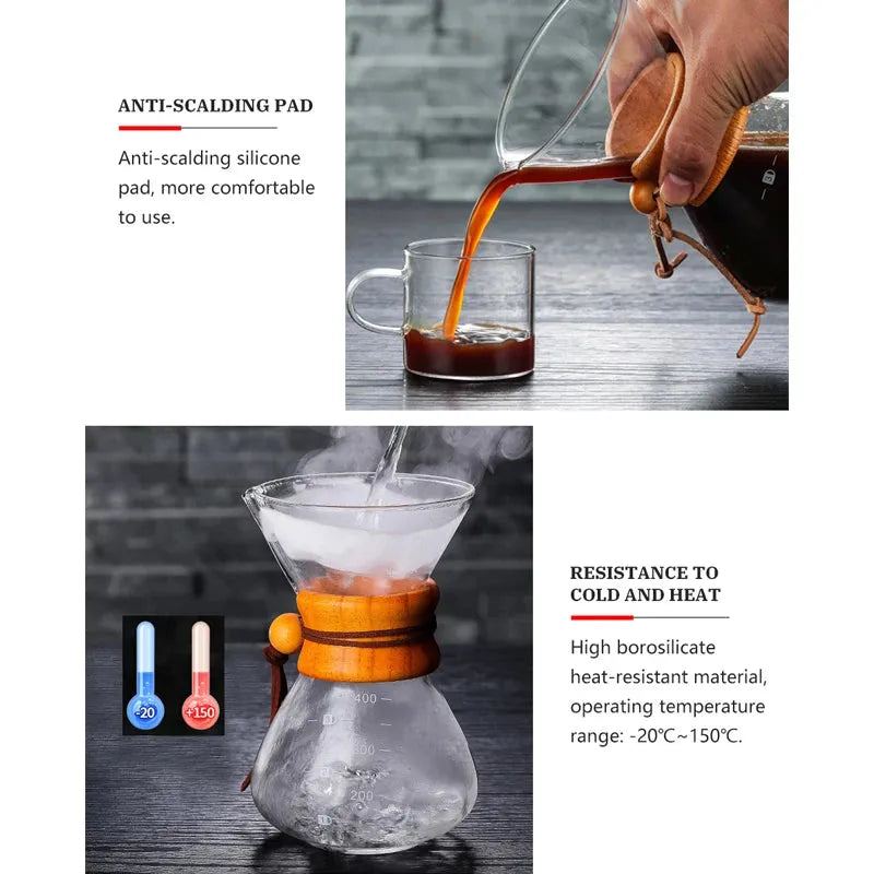 HiBREW 400ML Classic Glass Coffee Pot Wooden Handle Heat Resistant Pour Over Coffee Maker Manual Coffeemaker Hand Dripper