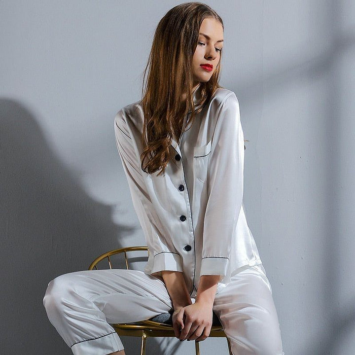 Silk Pajamas Women Set Summer Autumn Spring Winter Long-sleeved Two-piece Set Silk Sleepwear Gray - Jointcorp