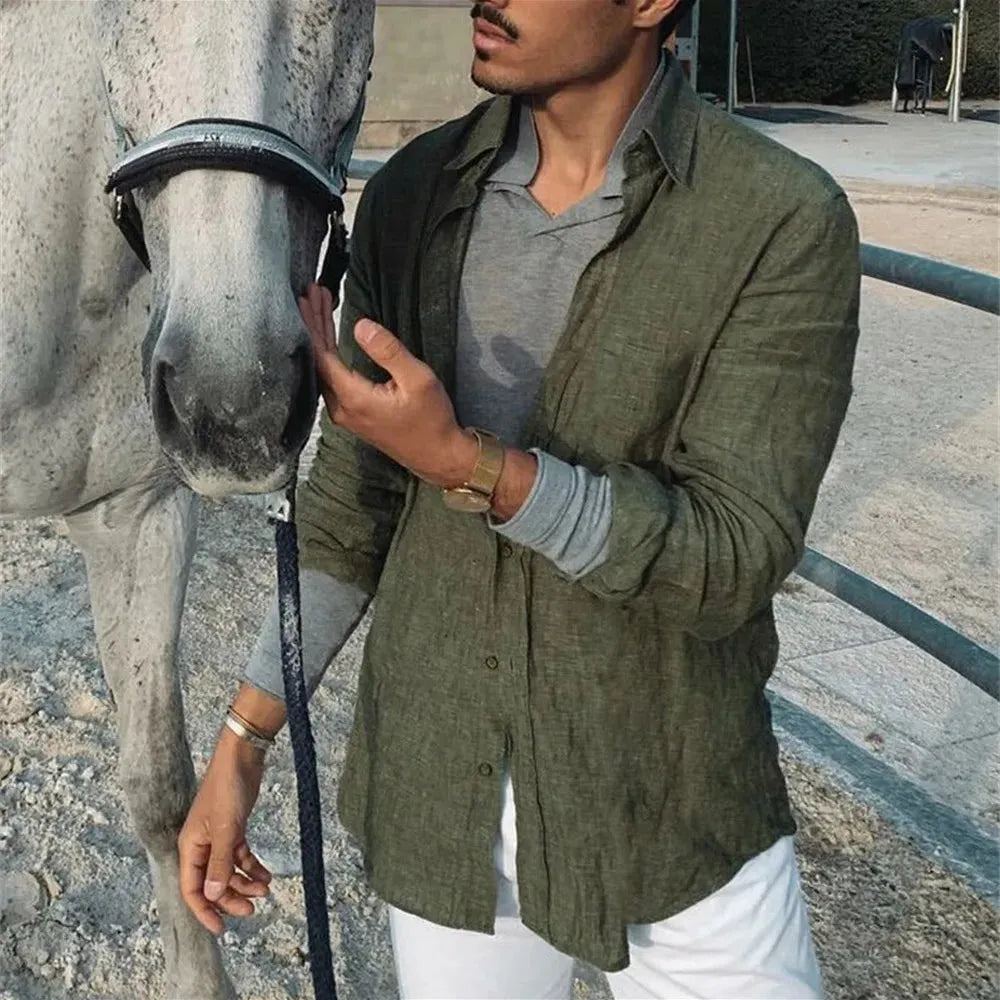 2024 Men Casual Cotton Linen ShirtsStanding Collar Male Solid Color Long Sleeves Loose Tops Spring Autumn Handsome Men's Shirts