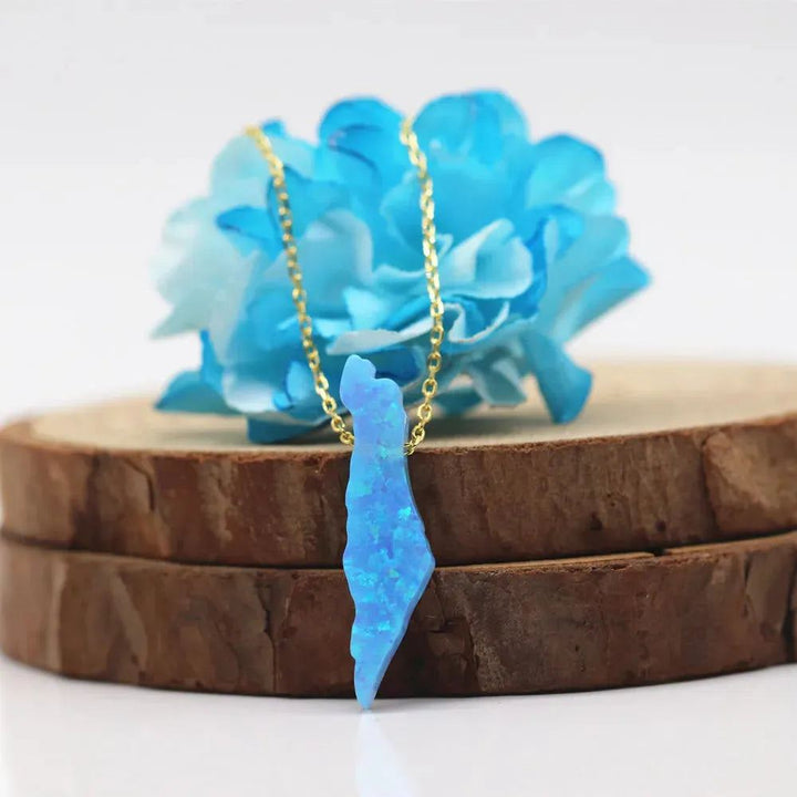 Free Shipping Op89 Black 6.2x24mm synthetic Opal Necklace Opal Palestine Map Necklace with 925 Silver O chain