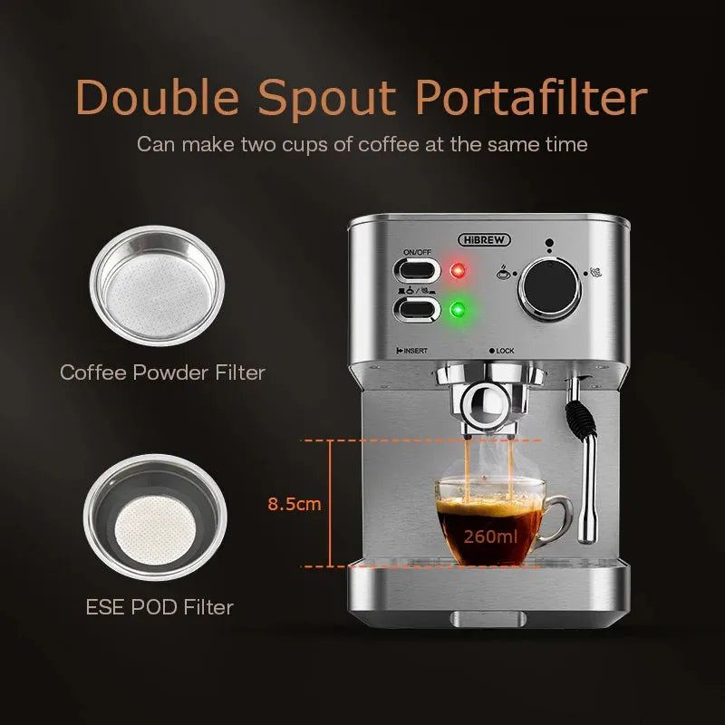 HiBREW 20Bar Espresso Coffee Machine Inox Case Semi Automatic Full Stainless Steel Coffee Espresso Maker, Cappuccino H10