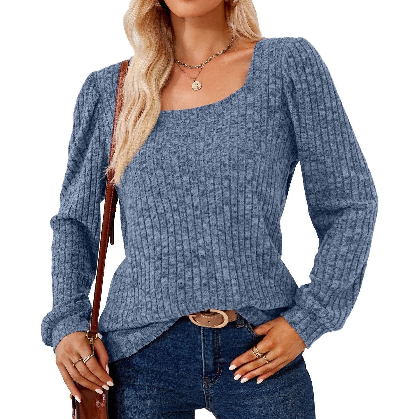 Square Collar Solid Color Rib Fabric Loose Long-sleeved T-shirt Top For Women