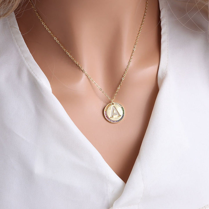 Gold English Letter Round Necklace Colorful Crystals Clavicle Chain - Jointcorp