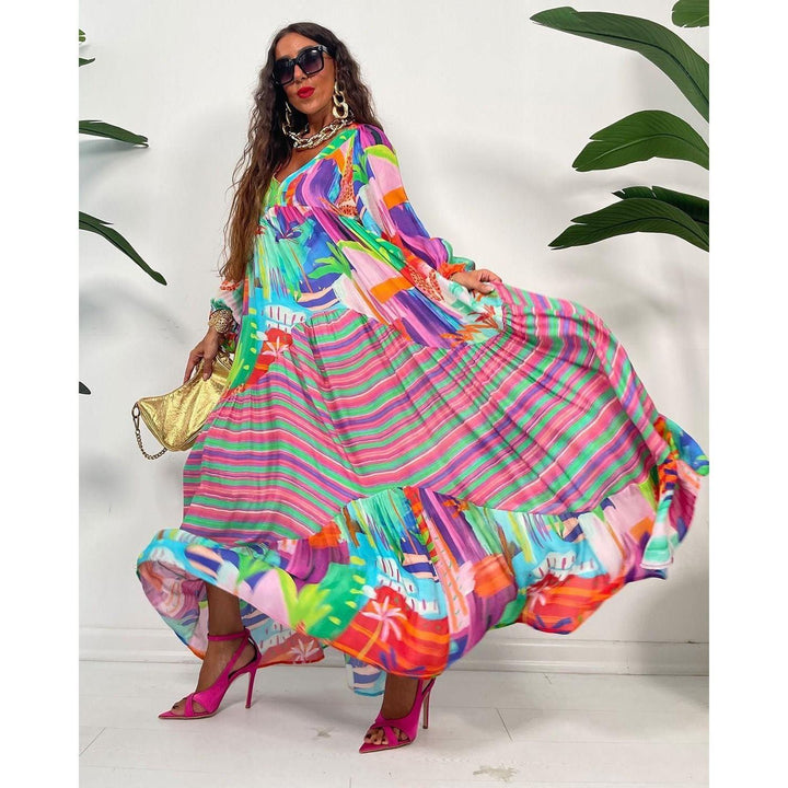 Oversized V-neck Printed Dress Retro French Women - Jointcorp