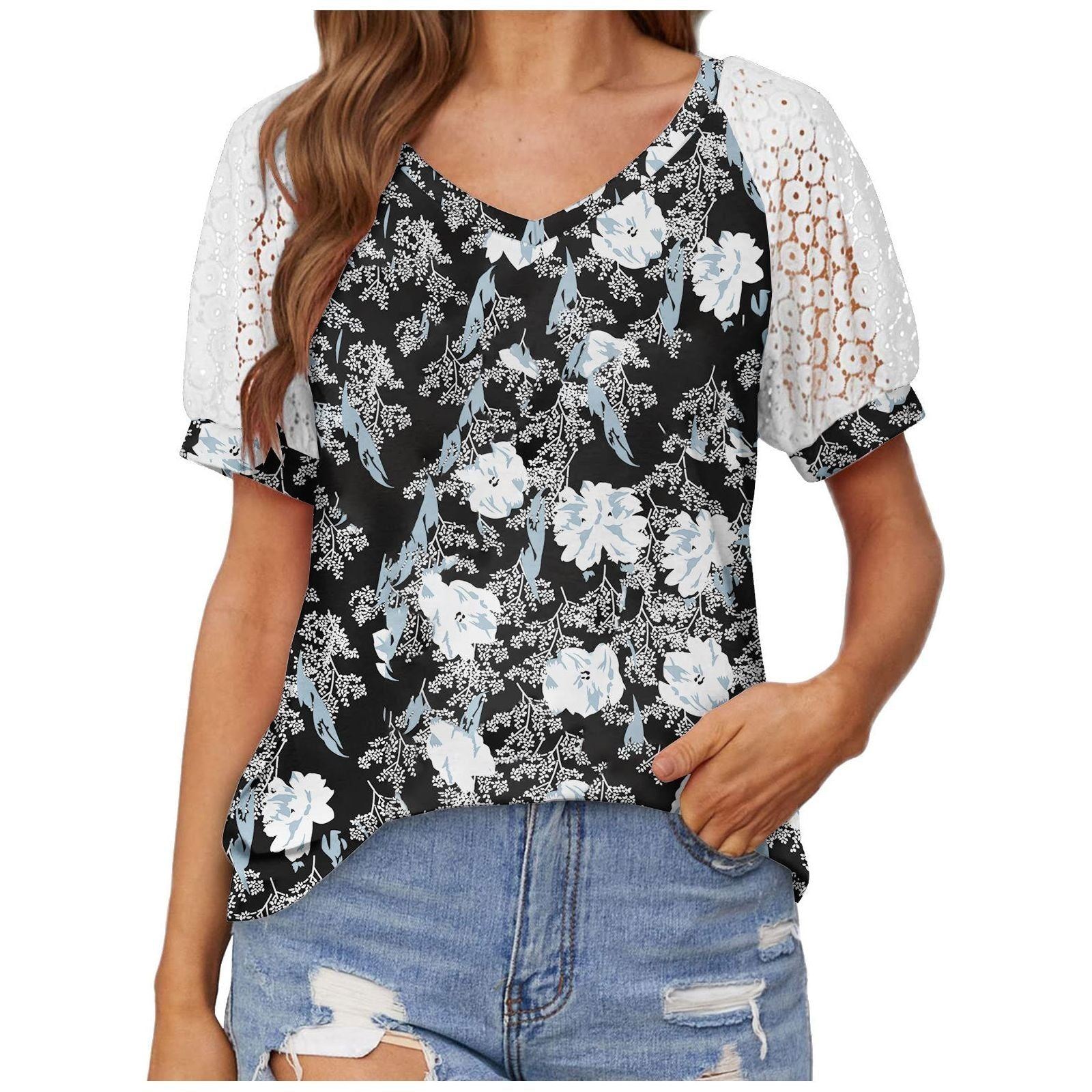 V-neck Lace Stitching Casual T-shirt For Women