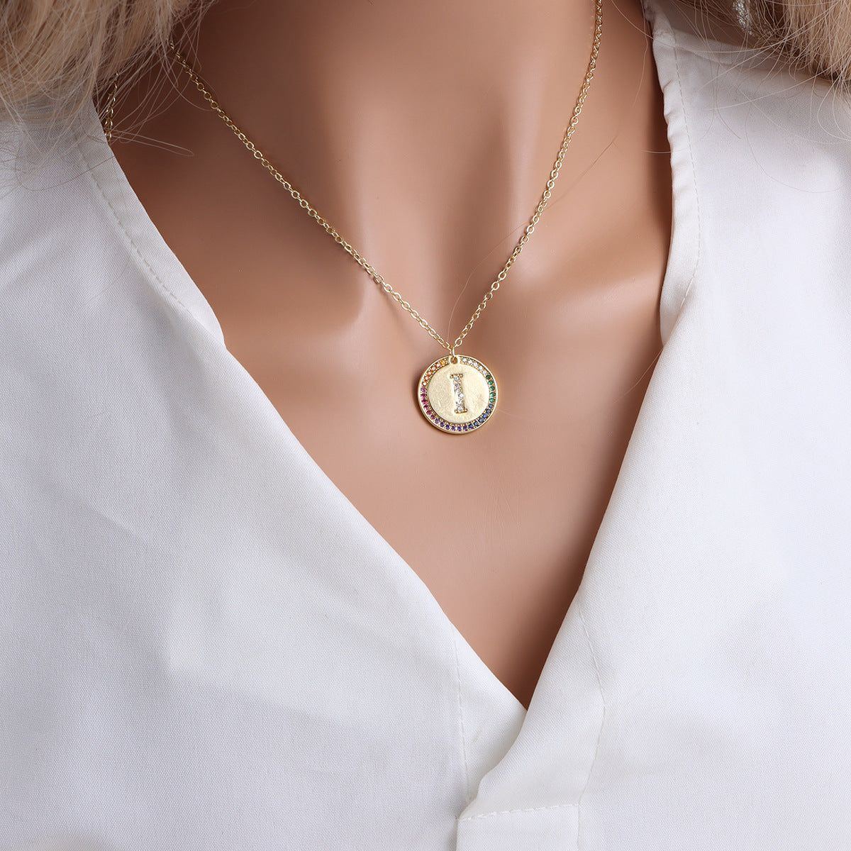 Gold English Letter Round Necklace Colorful Crystals Clavicle Chain - Jointcorp