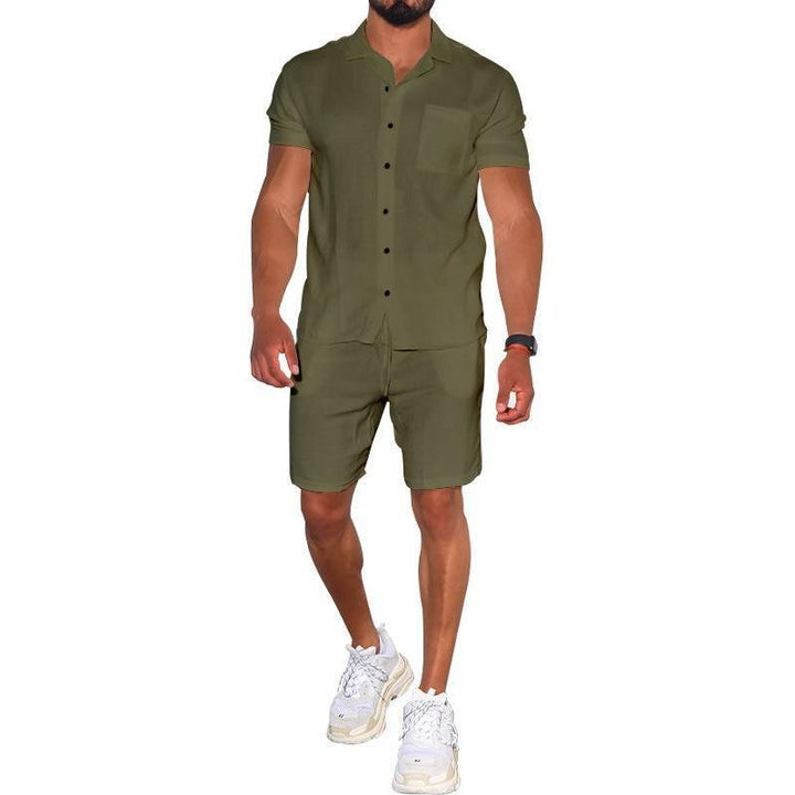 Cross-border Summer Menswear Suit Polo Collar Solid Color Short-sleeved Shorts Suit Button Four-sided Stretch Shirt - Jointcorp