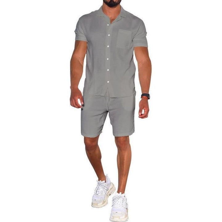 Cross-border Summer Menswear Suit Polo Collar Solid Color Short-sleeved Shorts Suit Button Four-sided Stretch Shirt - Jointcorp