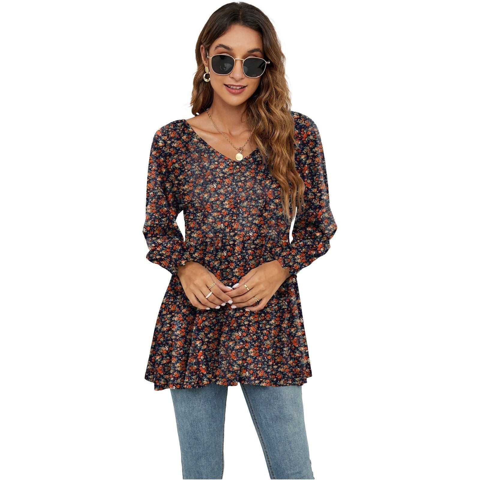 Women's Fashion Casual Printing Bubble Long Sleeve Waist Top