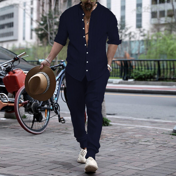 Men's Striped Hengli Collar Shirt Trousers - Jointcorp
