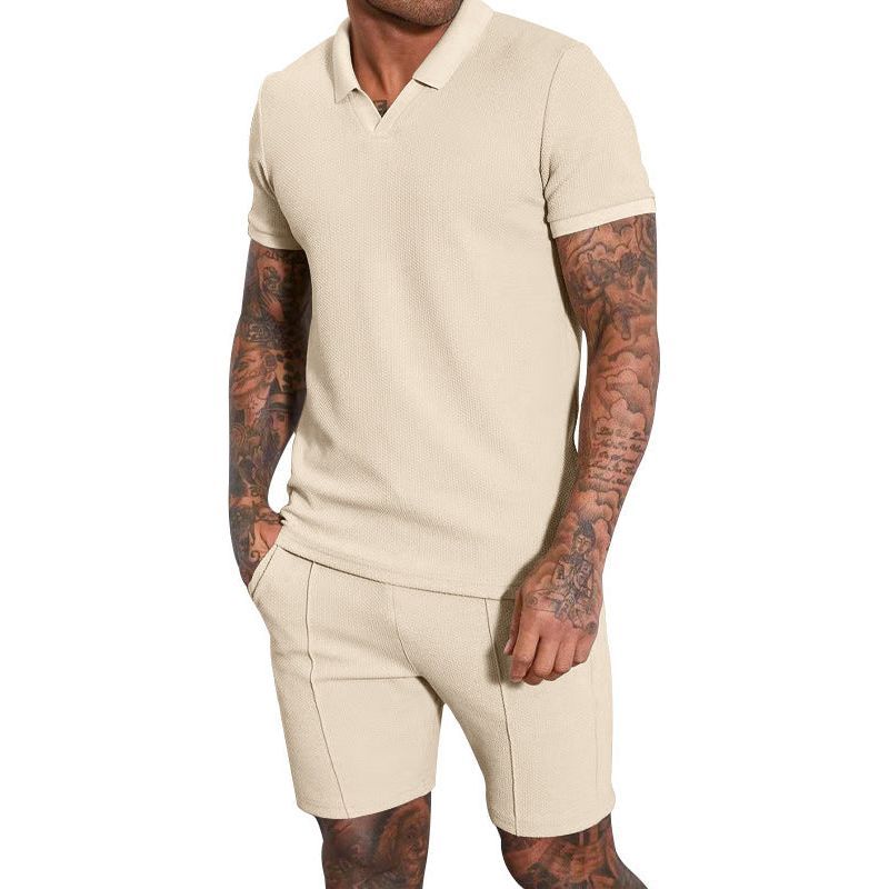 Men's Fashion Waffle V-neck Short-sleeved Shorts Two-piece Set - Jointcorp