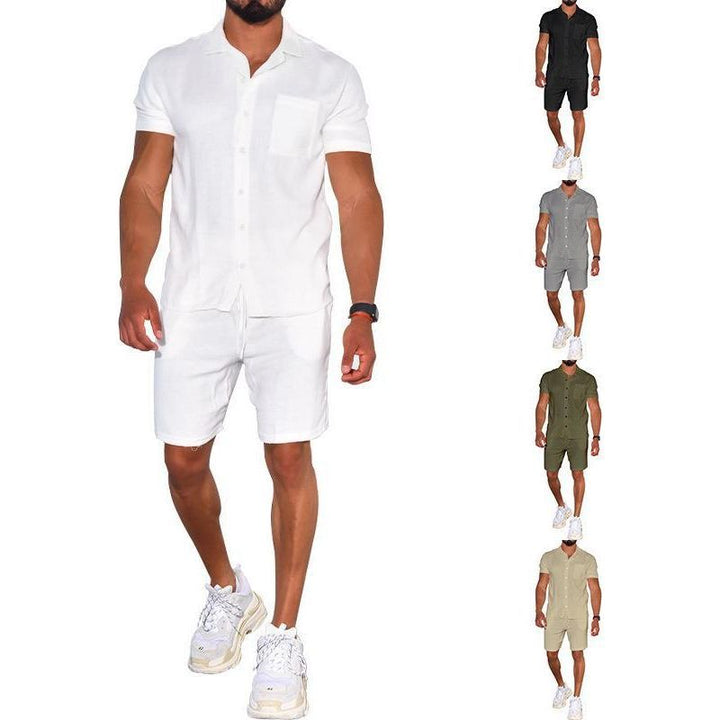 Cross-border Summer Menswear Suit Polo Collar Solid Color Short-sleeved Shorts Suit Button Four-sided Stretch Shirt - Jointcorp