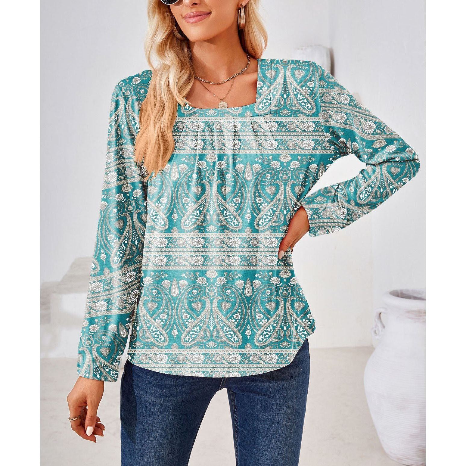 Women's Fashion Casual Square Collar Fold Floral Long Sleeve Loose Top T-shirt
