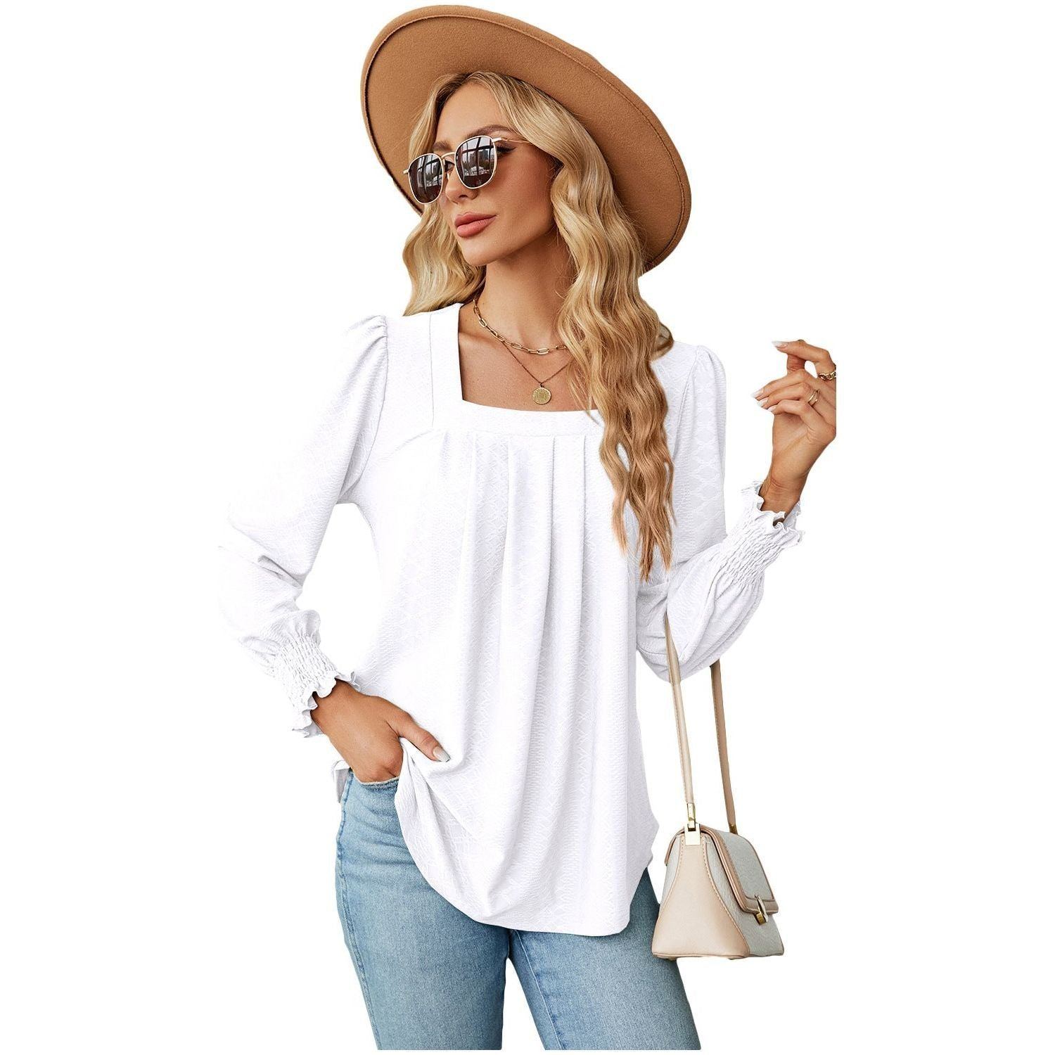 Jacquard Pleated Square Collar Long Sleeve Swallowtail Solid Color T-shirt For Women
