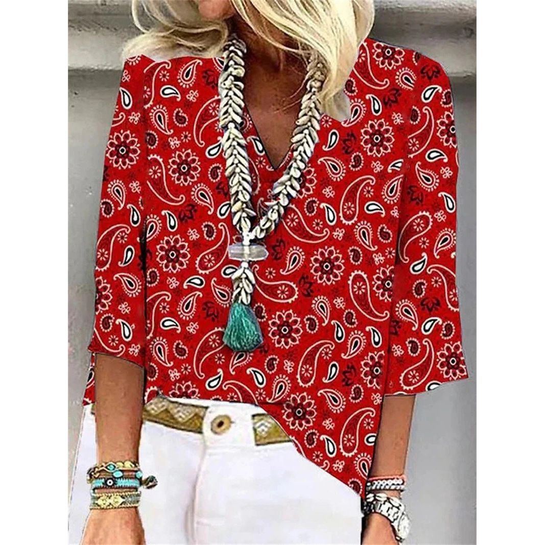 Casual Printed Loose V-neck Women's Top
