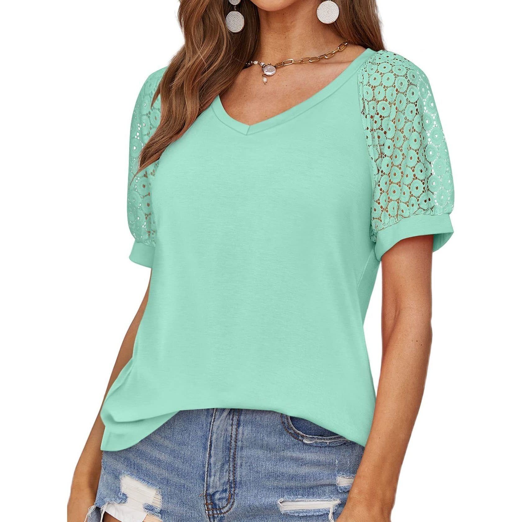 V-neck Lace Stitching Casual T-shirt For Women