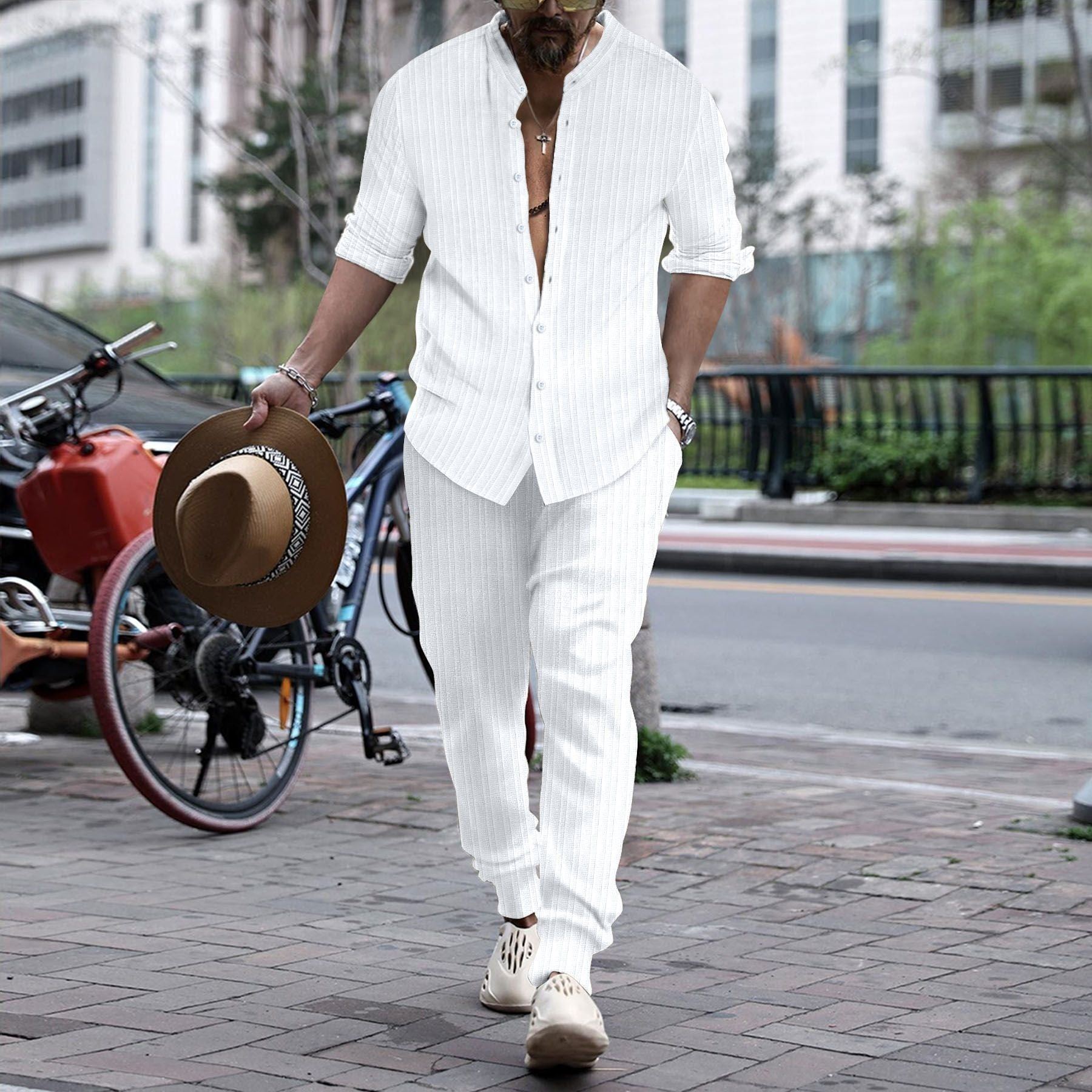 Men's Striped Hengli Collar Shirt Trousers - Jointcorp