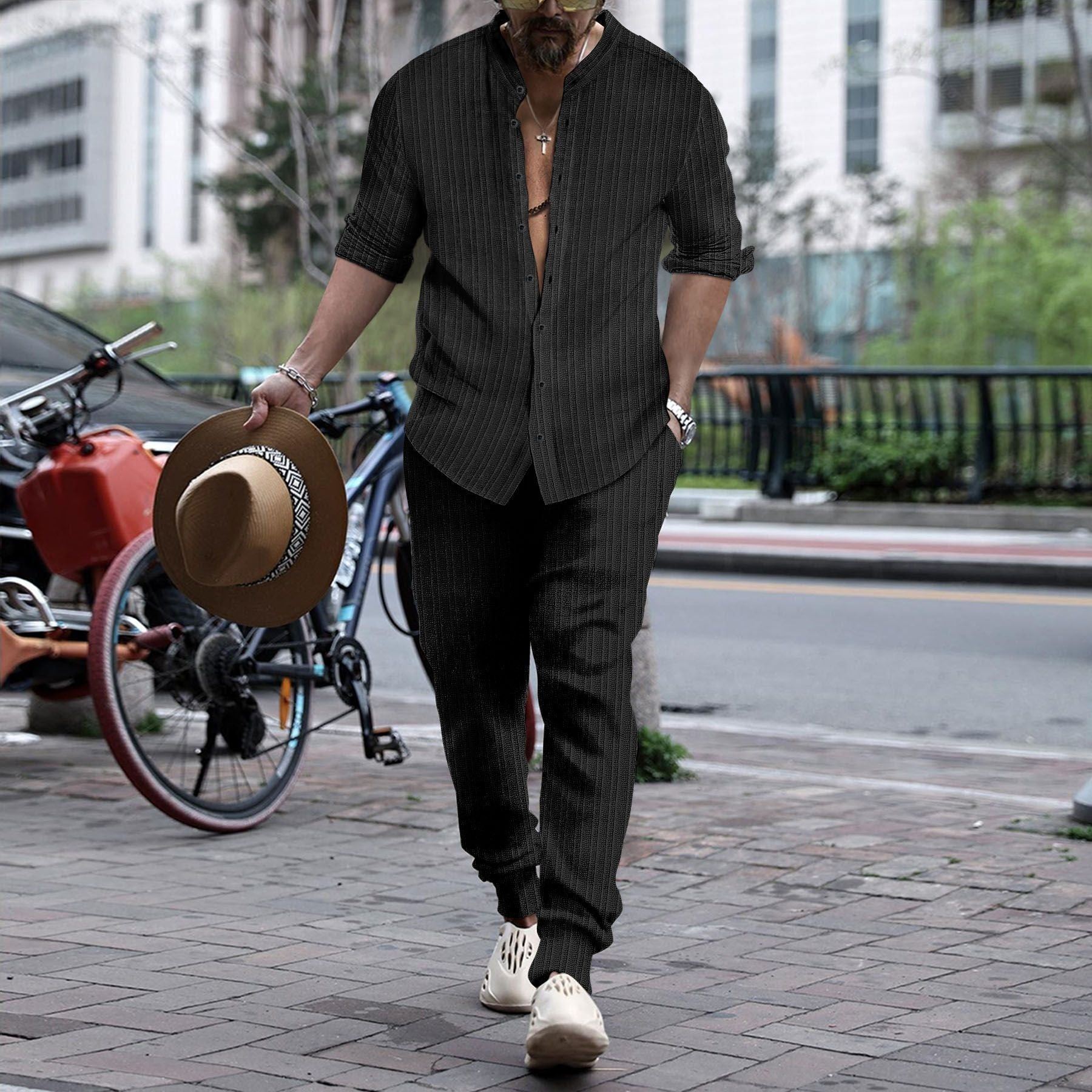 Men's Striped Hengli Collar Shirt Trousers - Jointcorp