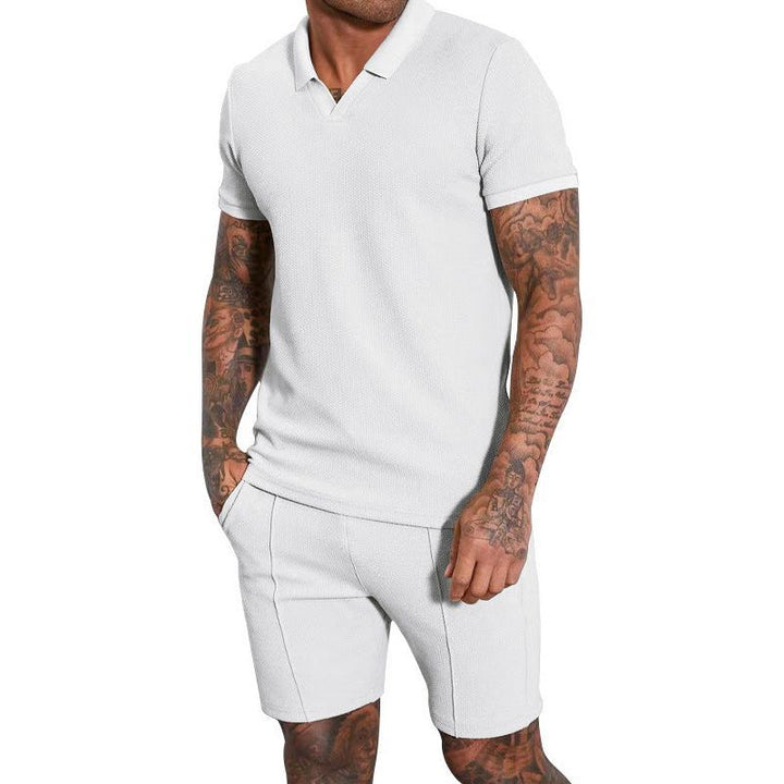 Men's Fashion Waffle V-neck Short-sleeved Shorts Two-piece Set - Jointcorp