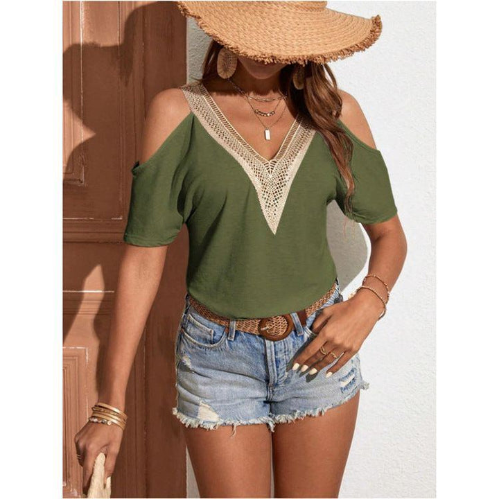 Summer New V-neck Casual Hollow Sleeve Short Sleeve Solid Color Top - Jointcorp