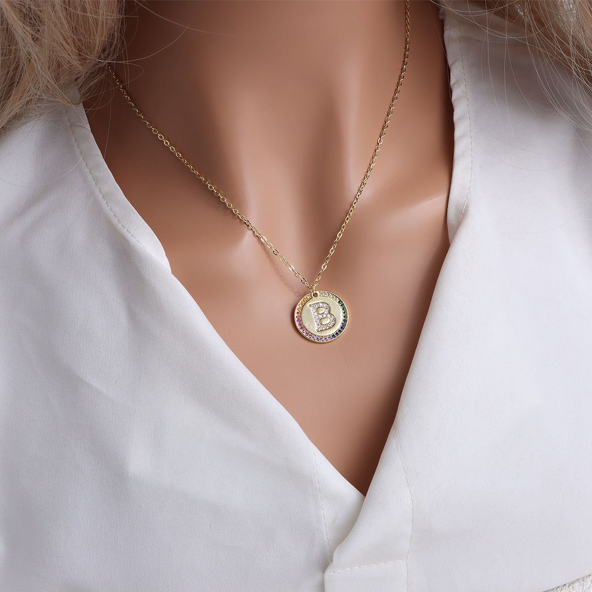Gold English Letter Round Necklace Colorful Crystals Clavicle Chain - Jointcorp