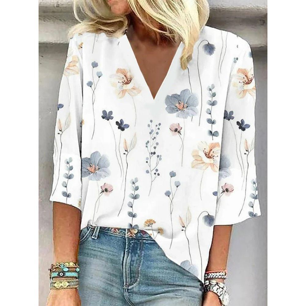 Casual Printed Loose V-neck Women's Top