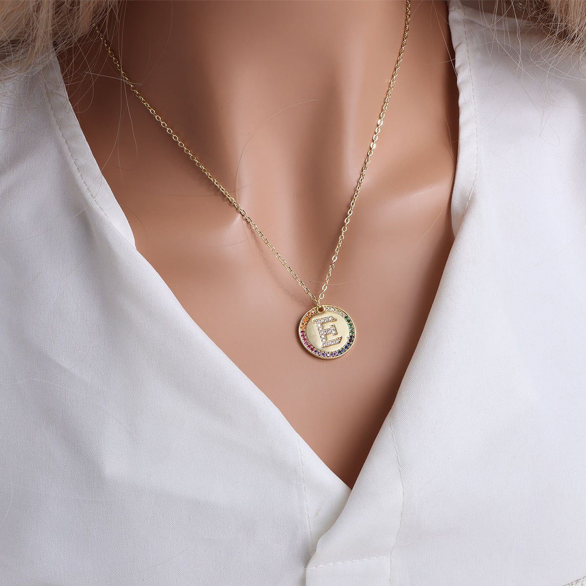 Gold English Letter Round Necklace Colorful Crystals Clavicle Chain - Jointcorp