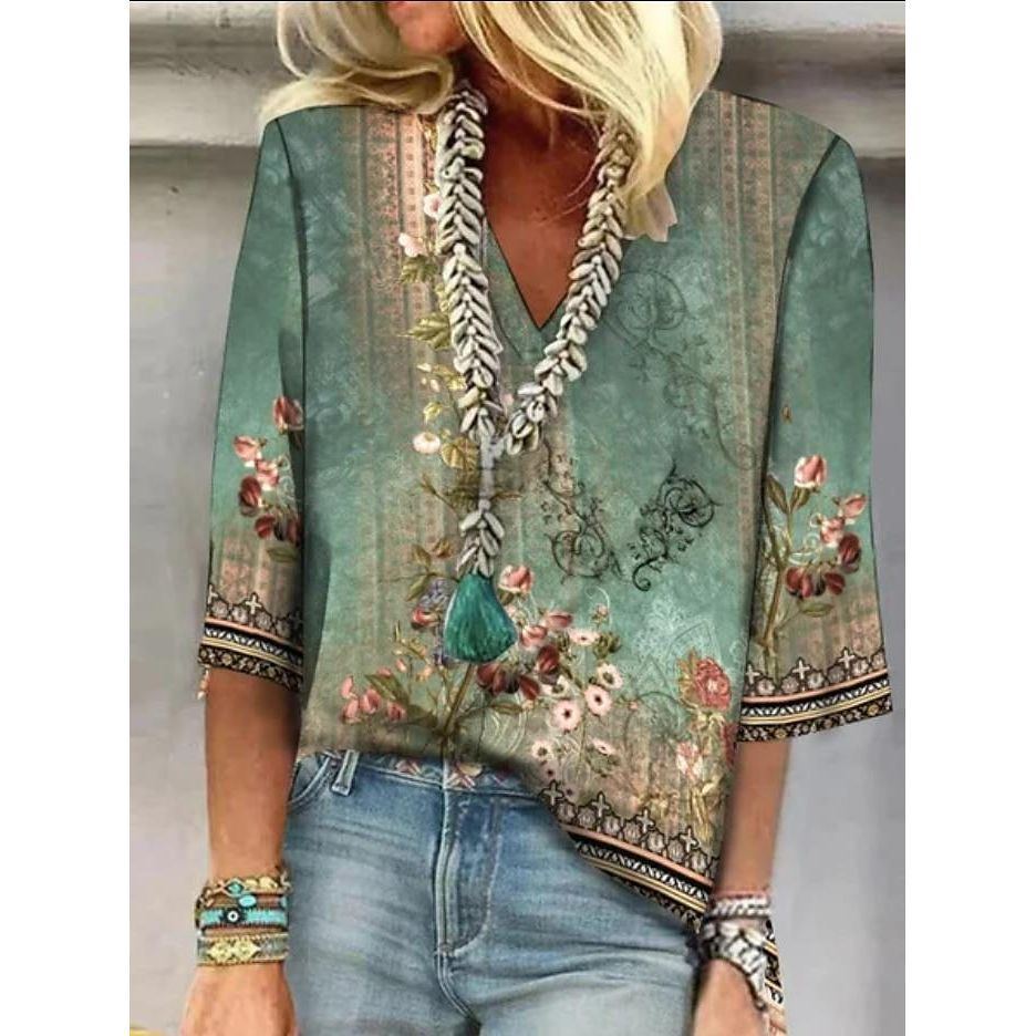 Casual Printed Loose V-neck Women's Top